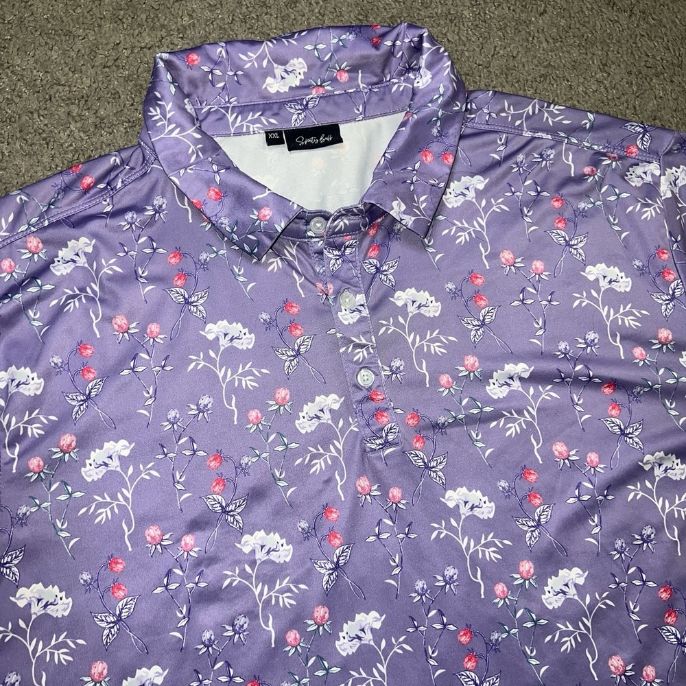 Sporty Buff Men Purple Wildflower Polo Shirt XXL Athleisure Golf Polyester